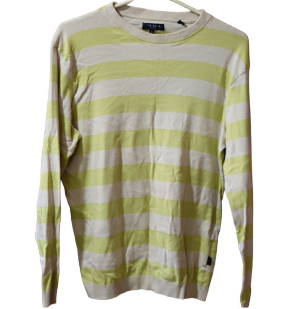 Ted Baker Men’s Preppy Yellow Gray Stripe Cotton Crewneck Sweater Medium Chic